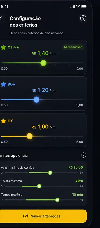 Tela de configuração dos critérios do Valeu